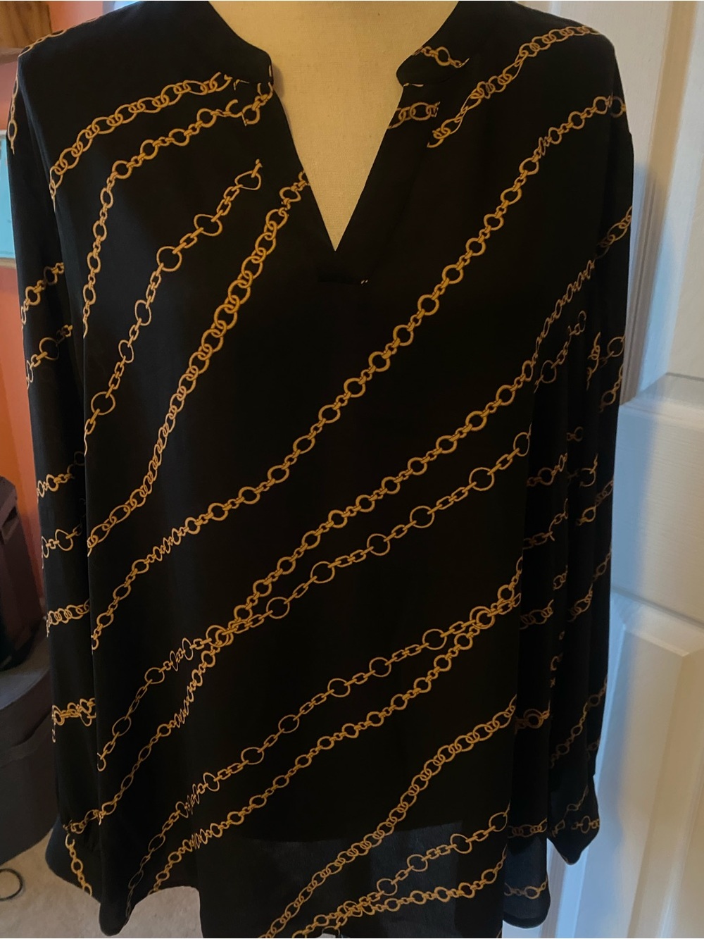 Anne Klein Black Top with Gold Chain Print